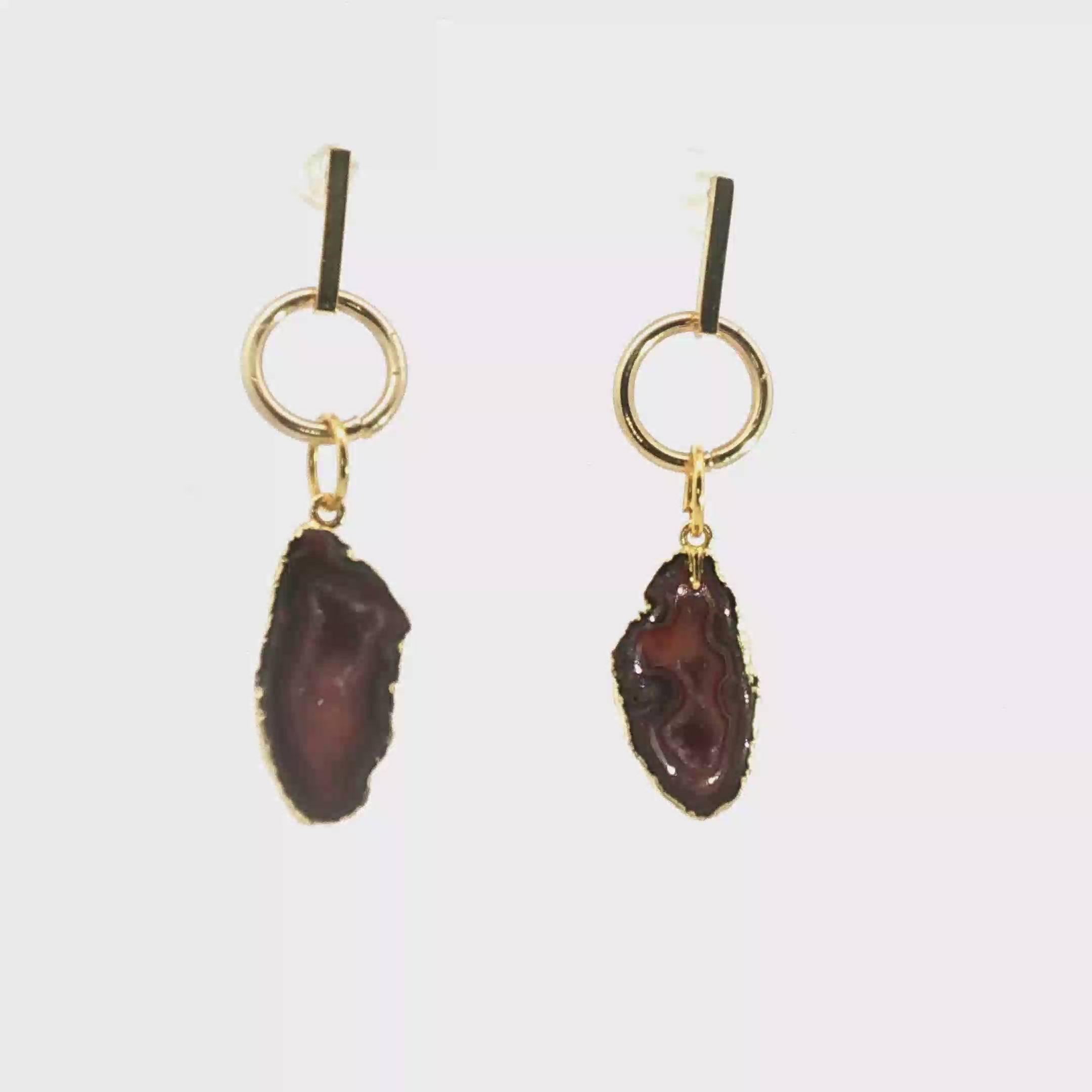 Geometric Yellow Gold and Agate Slice Dangle Earrings