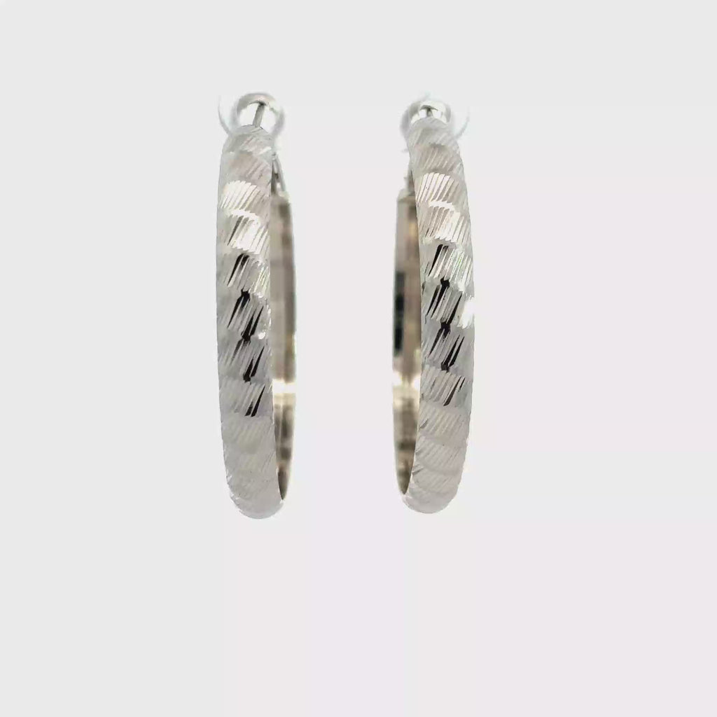 Textured Silver Hoop Earrings in White Gold Finish