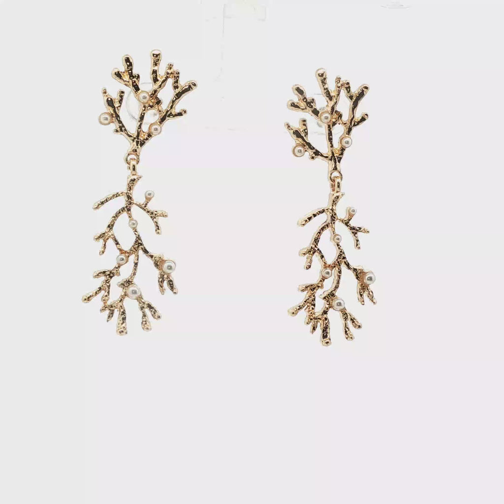 Yellow Gold Coral Branch Pearl Drop Earrings