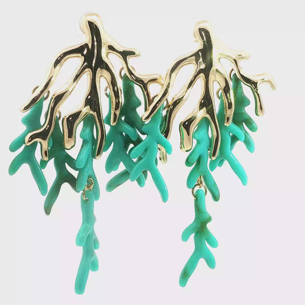 Yellow Gold Green Coral Branch Drop Earrings
