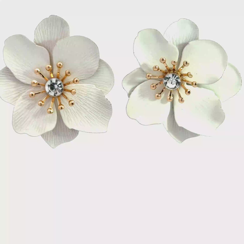 Floral Stud Earrings with Round Cut Diamonds in Yellow Gold Tone