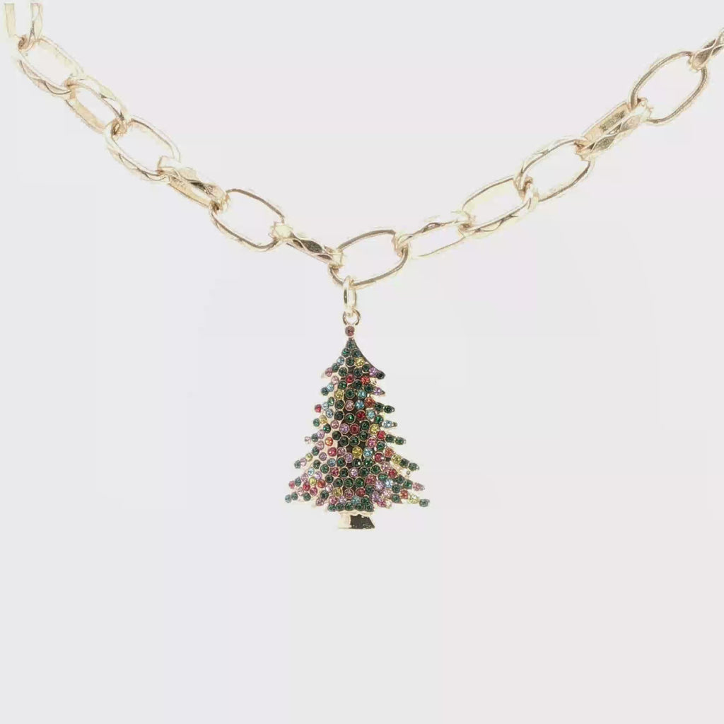 Yellow Gold Christmas Tree Charm Necklace with Green Crystal Beads