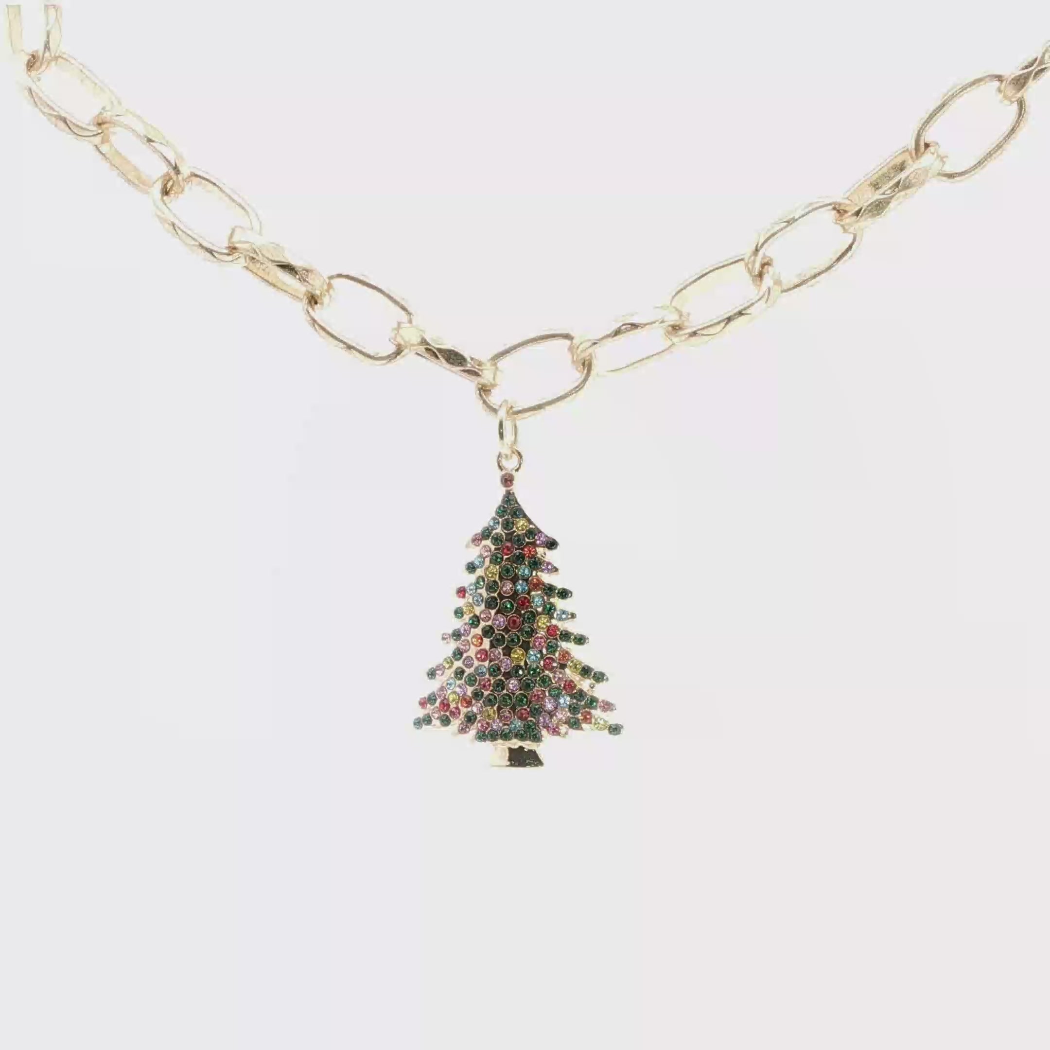 Yellow Gold Christmas Tree Charm Necklace with Green Crystal Beads