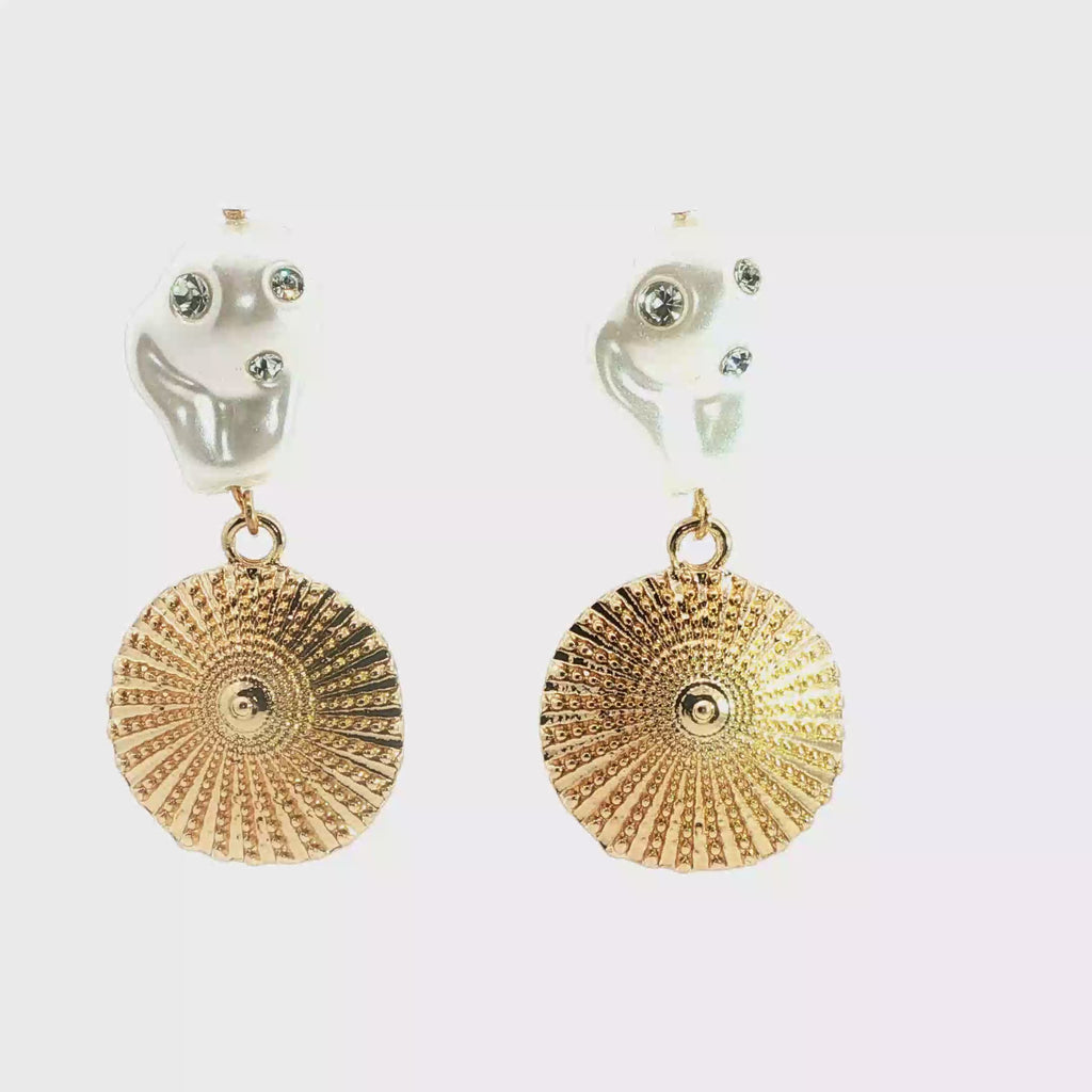 Baroque Pearl and Yellow Gold Sunburst Disc Drop Earrings