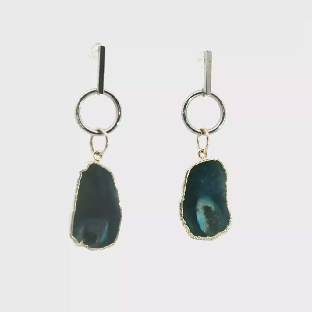 Silver Geometric Agate Slice Dangle Earrings