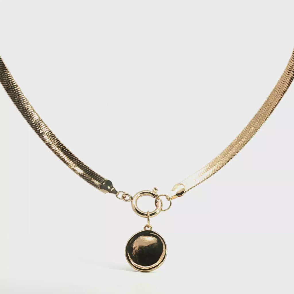 Yellow Gold Herringbone Charm Necklace with Front Clasp