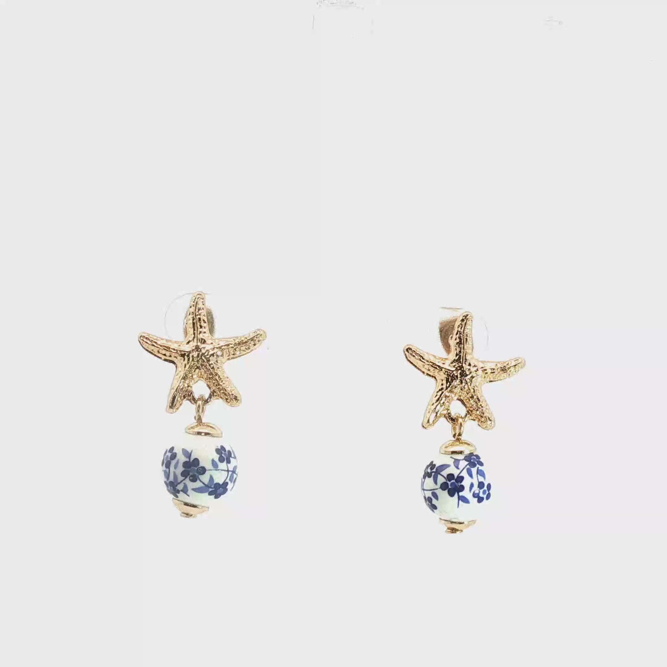 Yellow Gold Starfish Drop Earrings with Floral Crystal Beads
