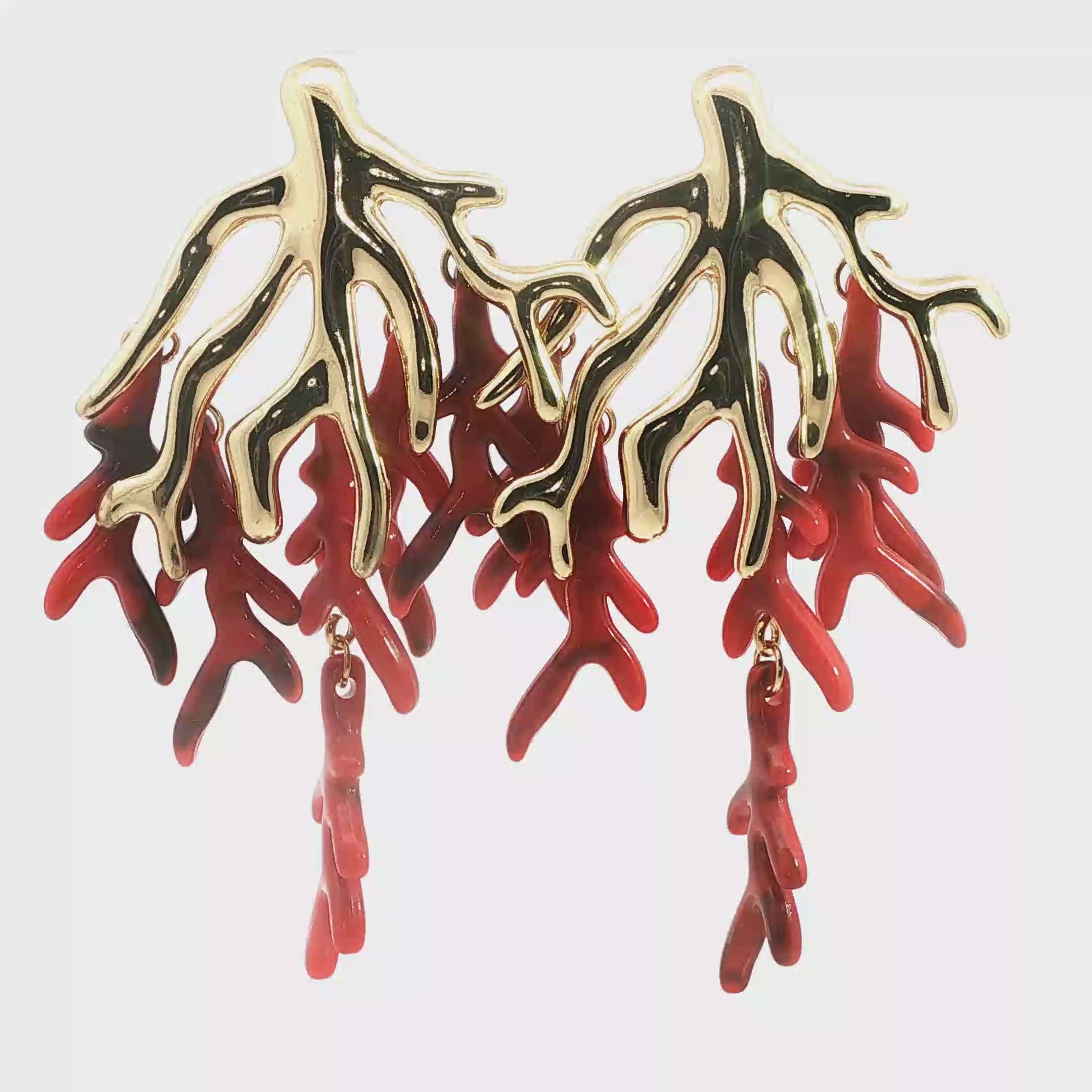 Yellow Gold and Red Coral Branch Drop Earrings