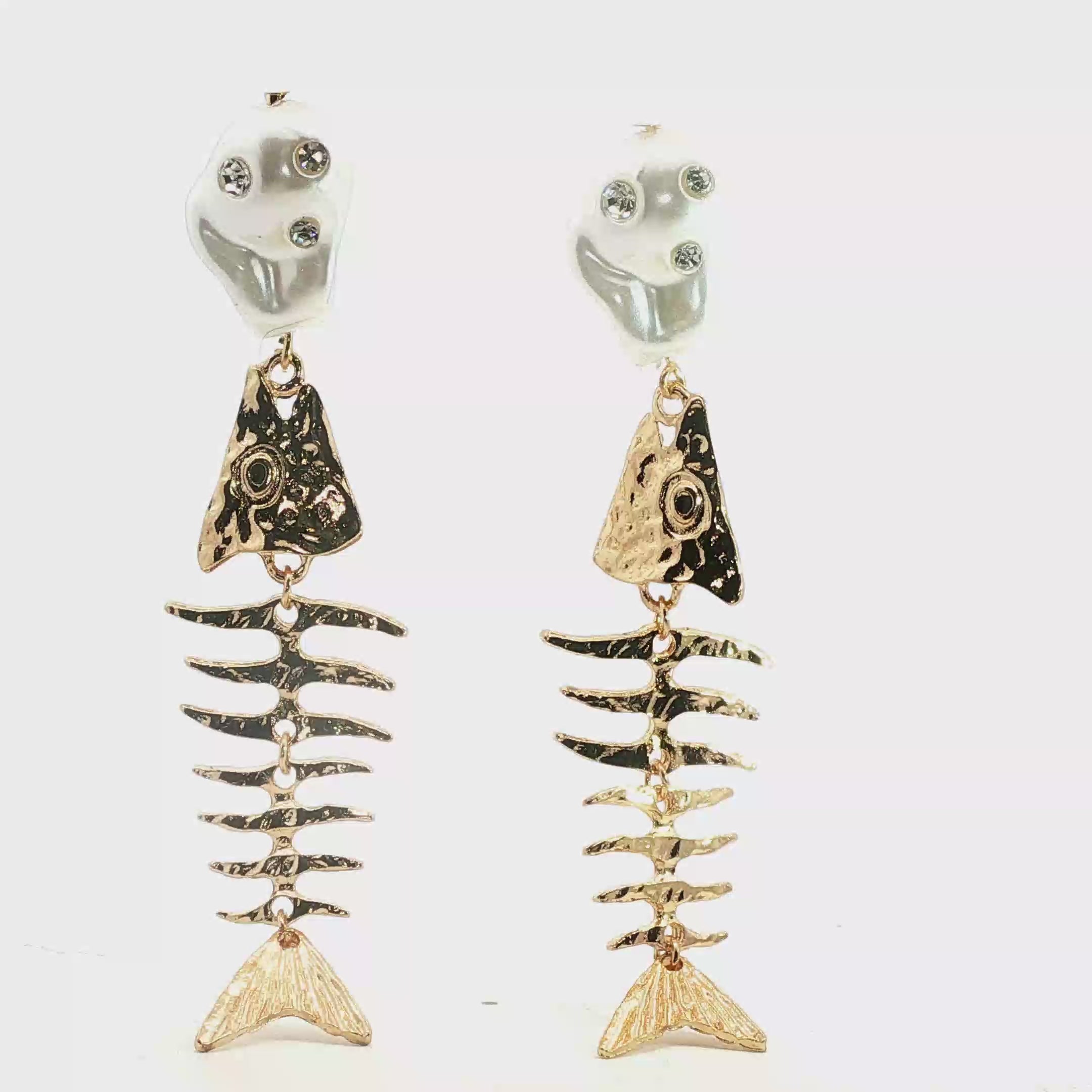 Articulated Fish Skeleton and Pearl Yellow Gold Dangle Earrings