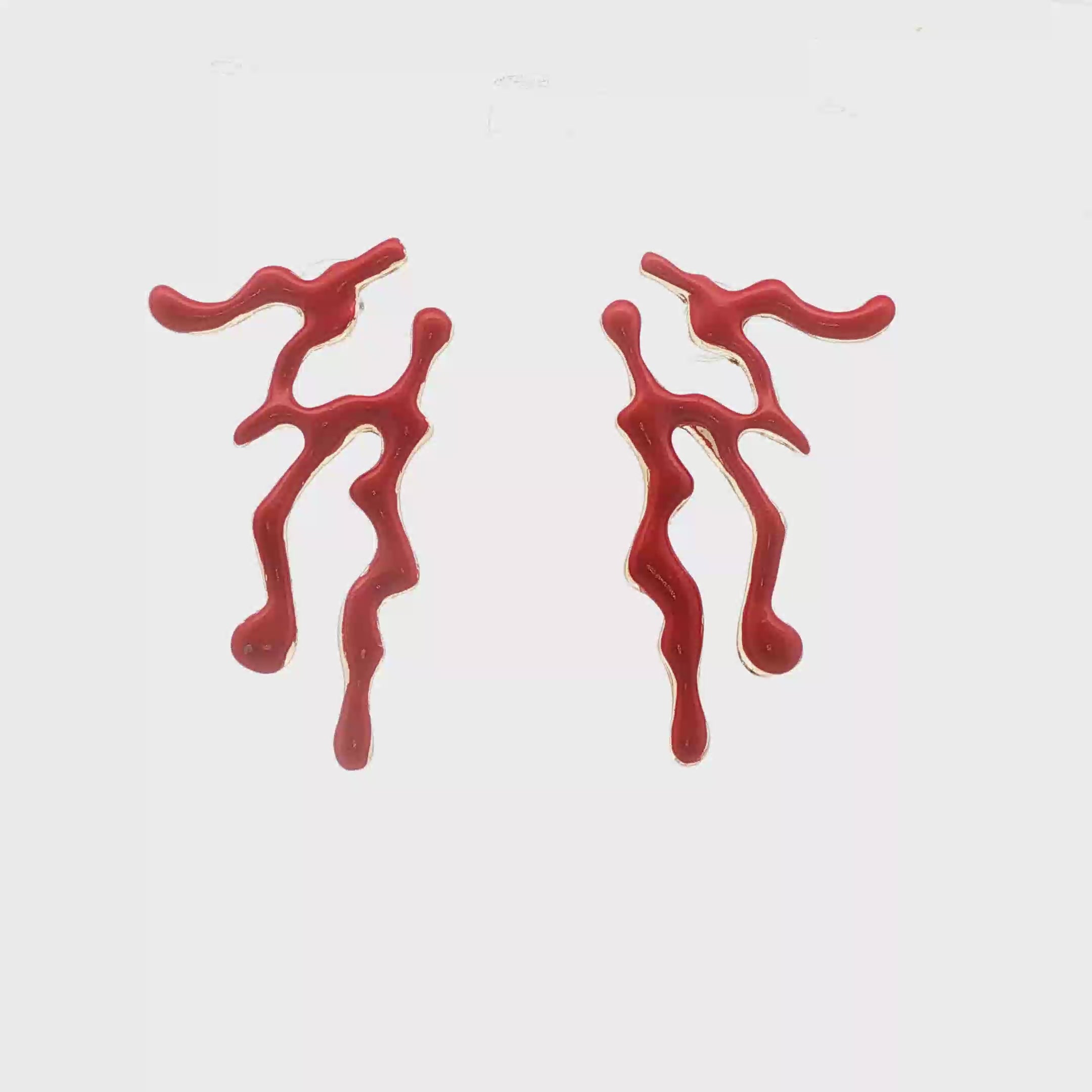 Abstract Red Drip Drop Earrings in Yellow Gold