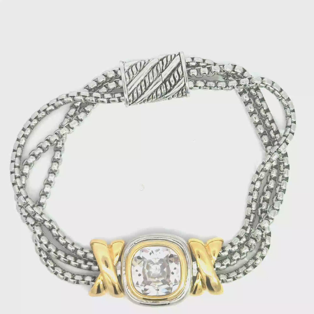 Cushion Cut Crystal Chain Bracelet in Silver and Yellow Gold
