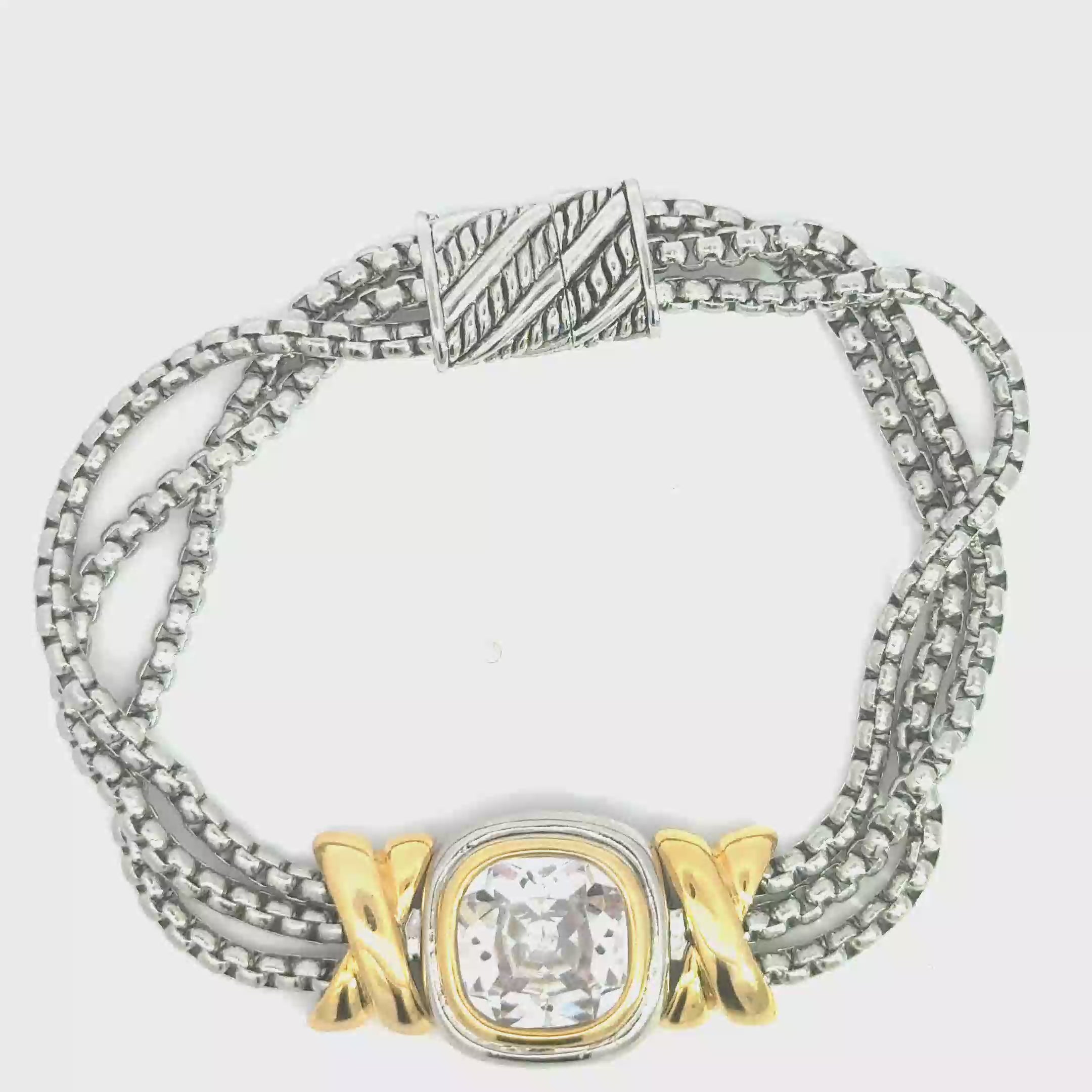 Cushion Cut Crystal Chain Bracelet in Silver and Yellow Gold