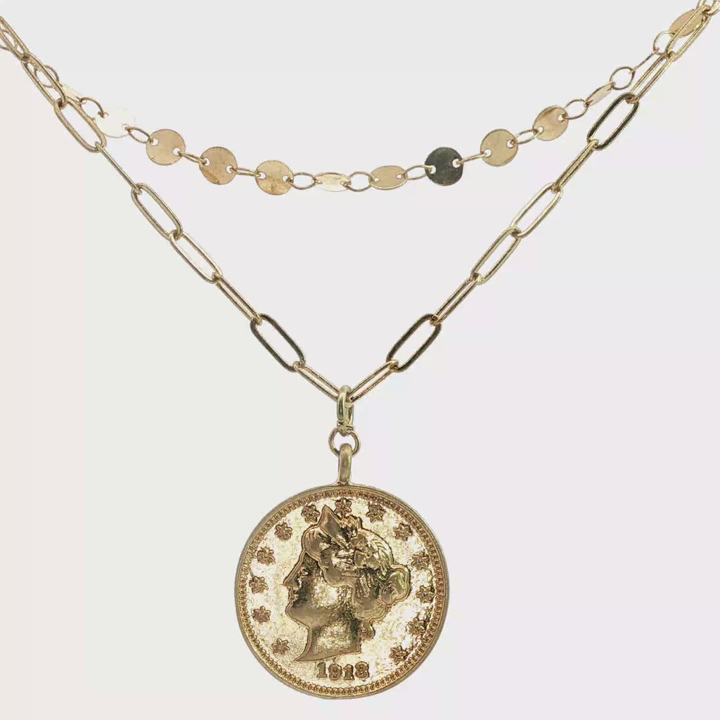 Yellow Gold Layered Necklace with Vintage-Inspired Coin Pendant