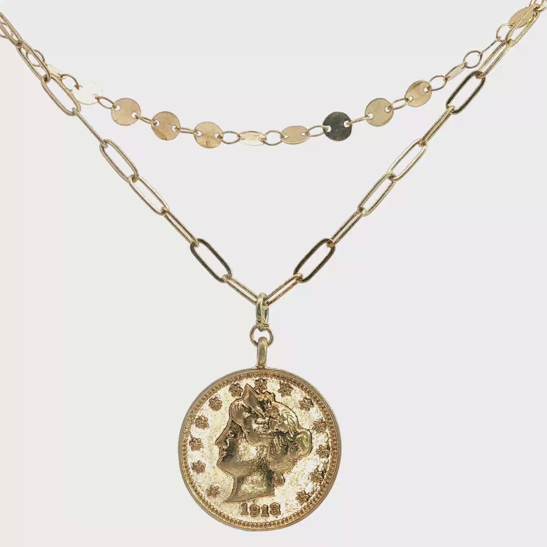 Yellow Gold Layered Necklace with Vintage-Inspired Coin Pendant