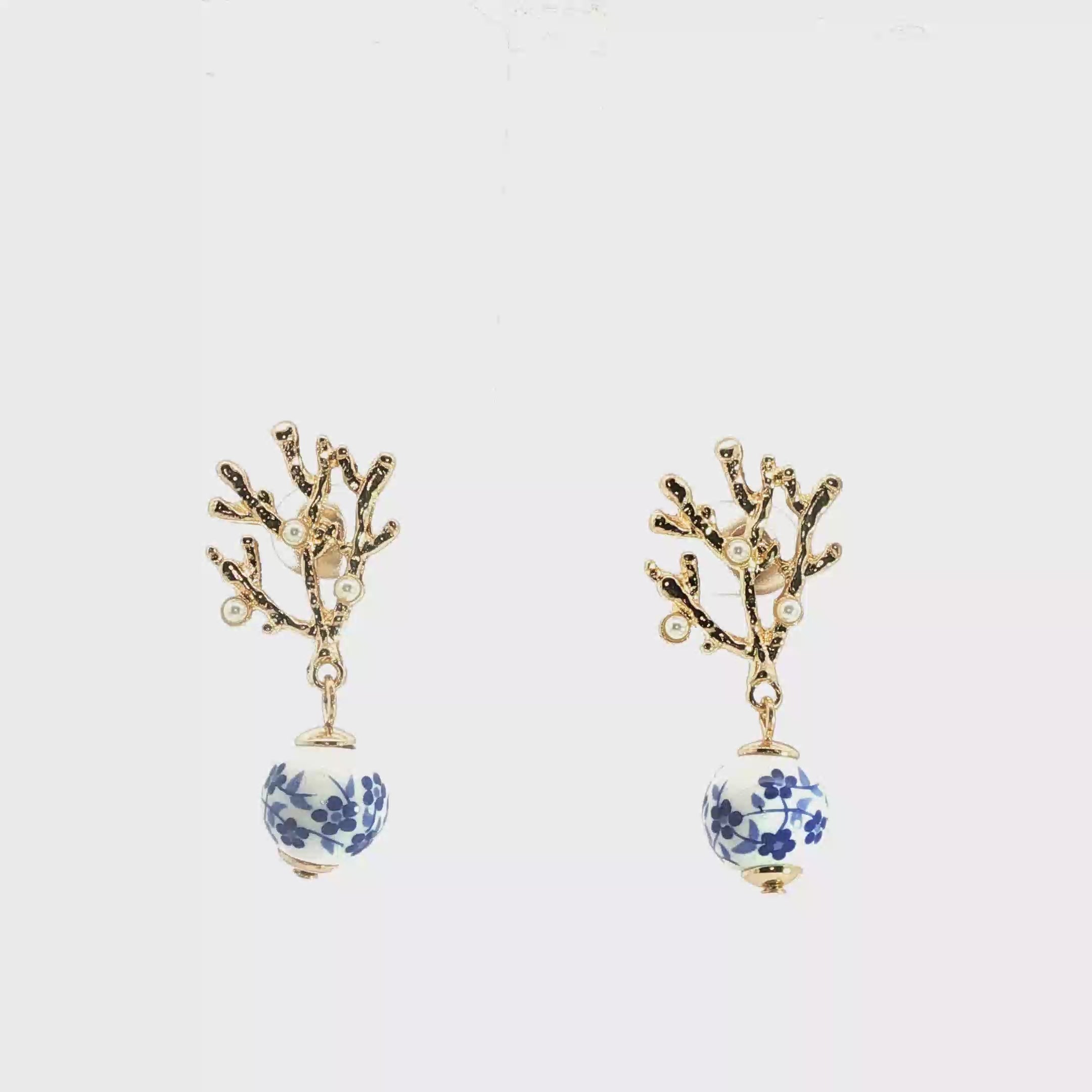 Yellow Gold Coral Motif Pearl and Floral Drop Earrings