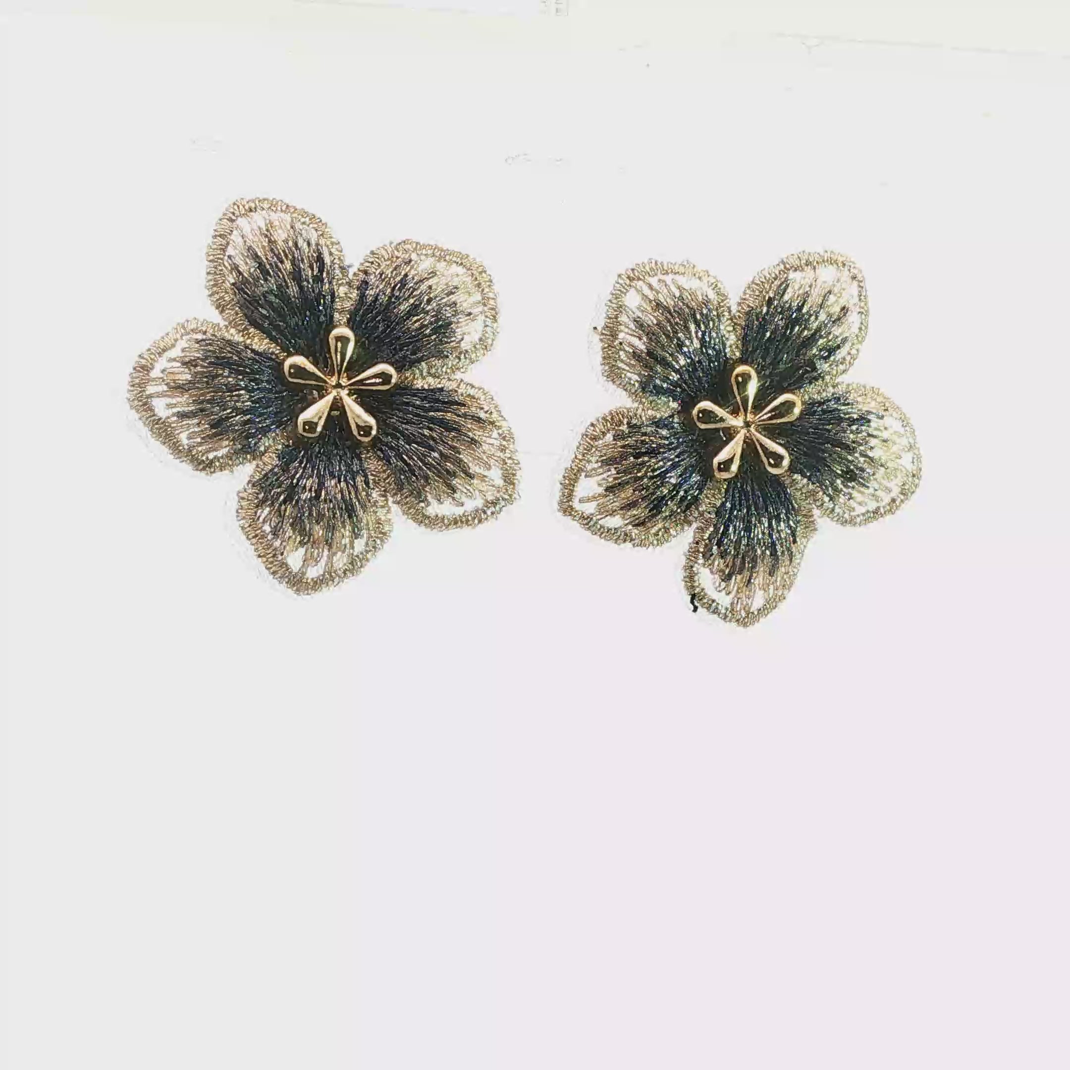 Embroidered Floral Stud Earrings in Blue and Gold