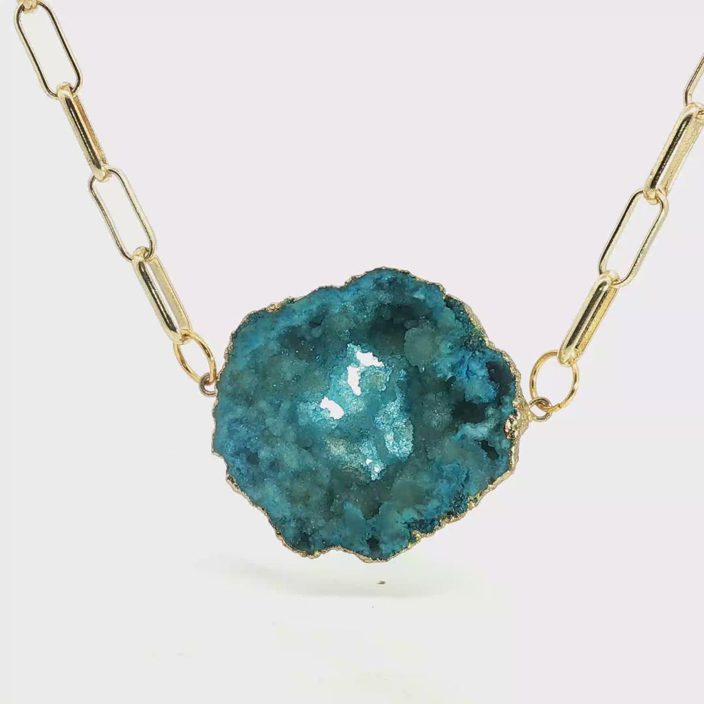 Blue Agate Geode Slice Yellow Gold Paperclip Chain Necklace