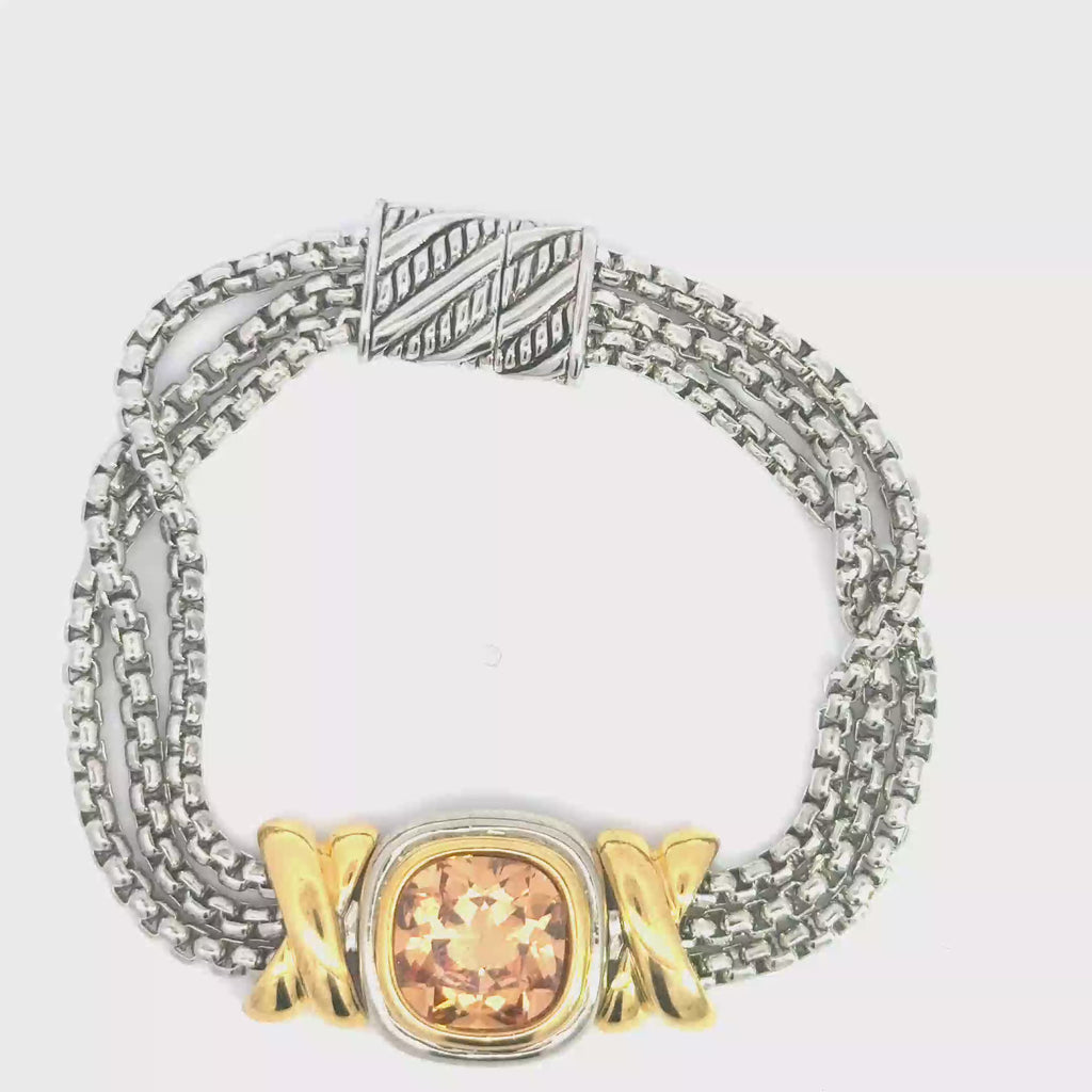 Silver Chain Bracelet with Orangy Red Cushion Cut Topaz and Yellow Gold Details