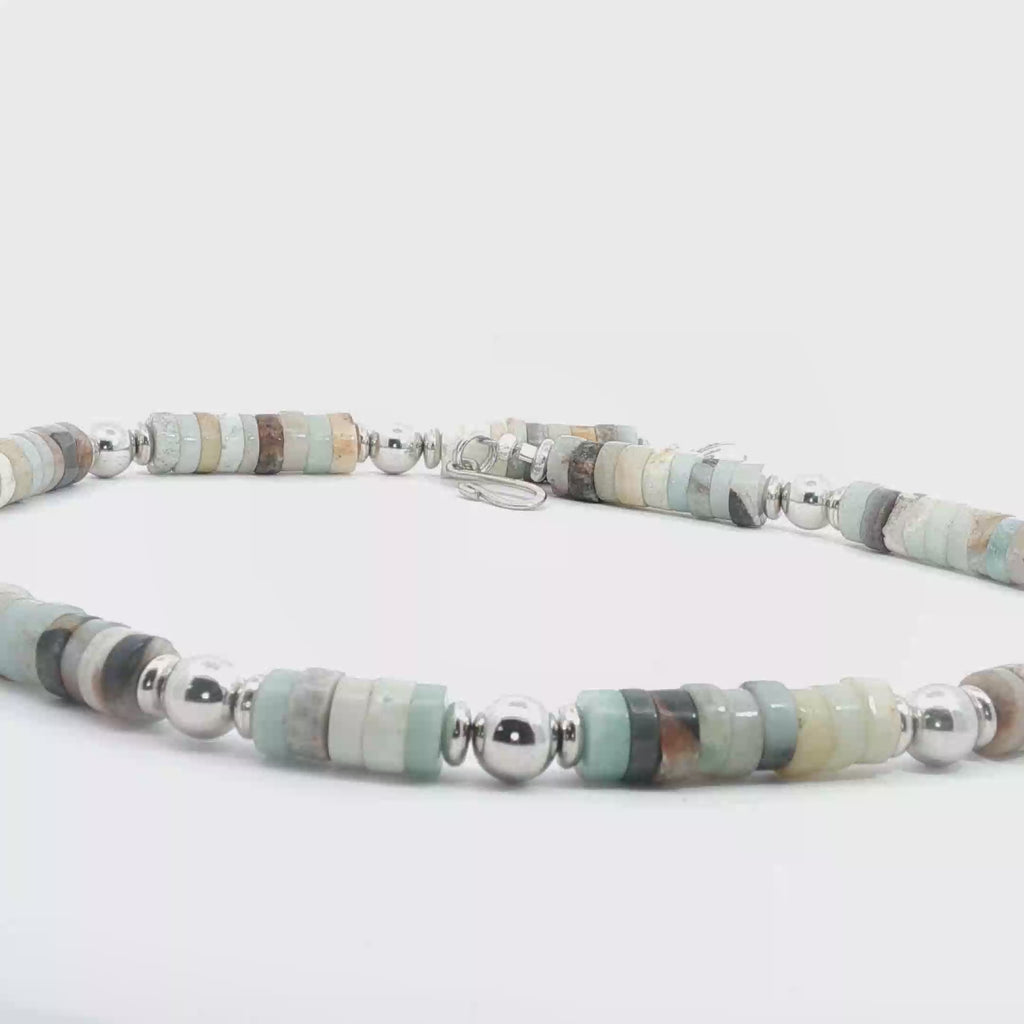 Sterling Silver Beaded Necklace with Amazonite Cabochon Gemstones