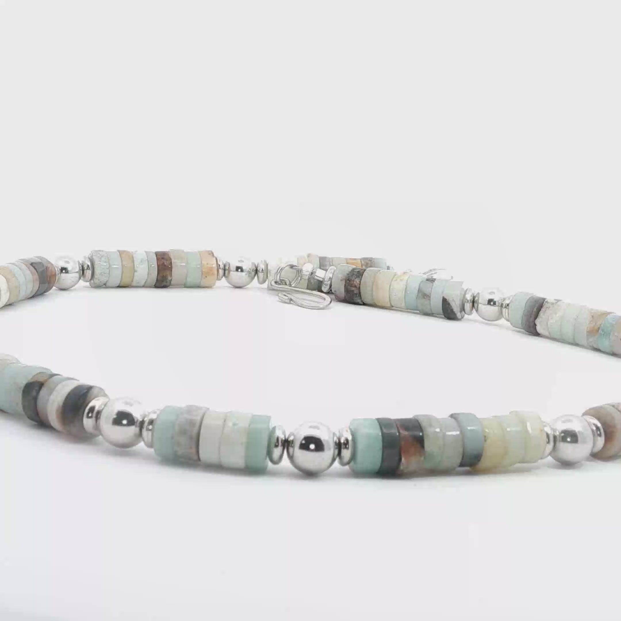 Sterling Silver Beaded Necklace with Amazonite Cabochon Gemstones