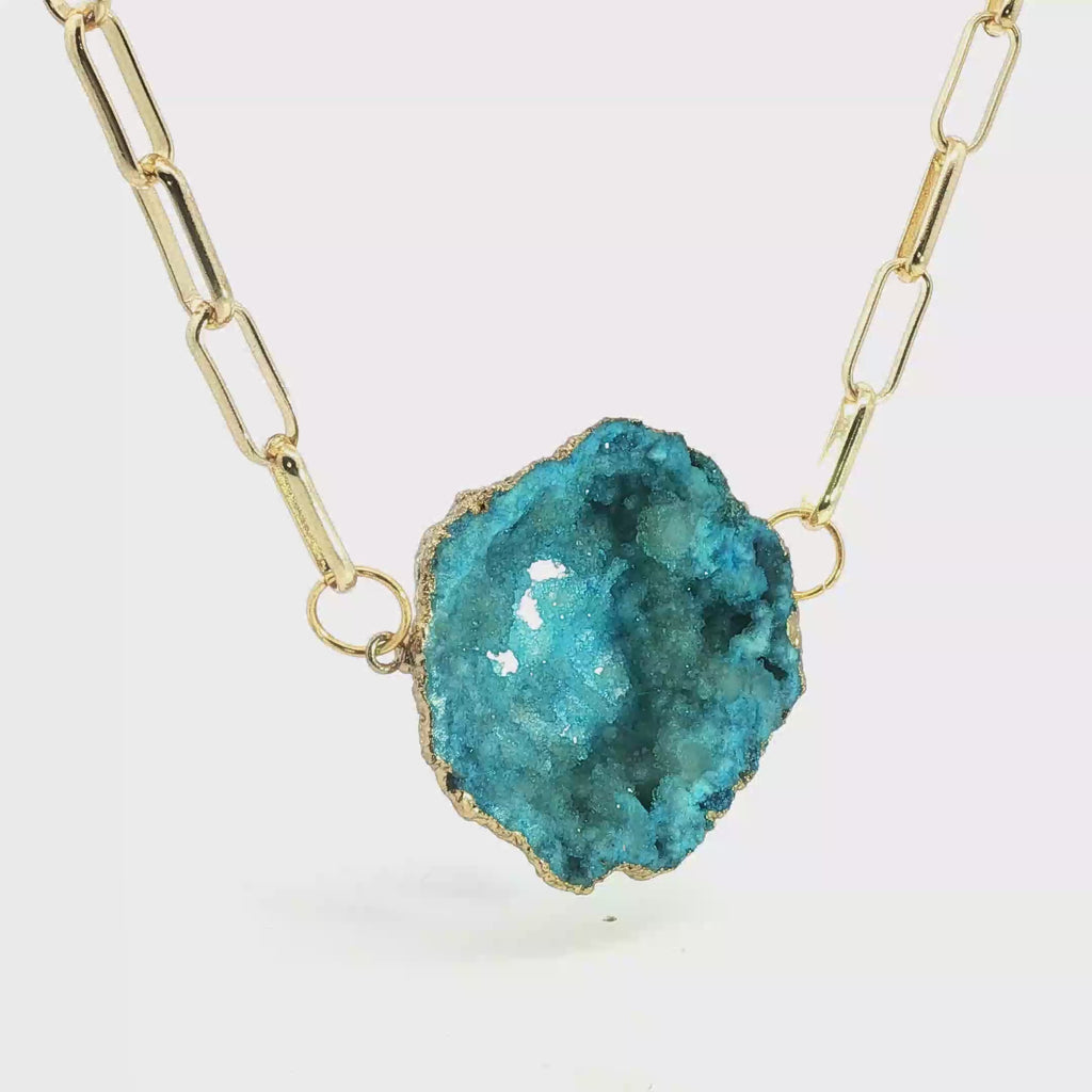 Blue Agate Geode Slice Yellow Gold Paperclip Chain Necklace