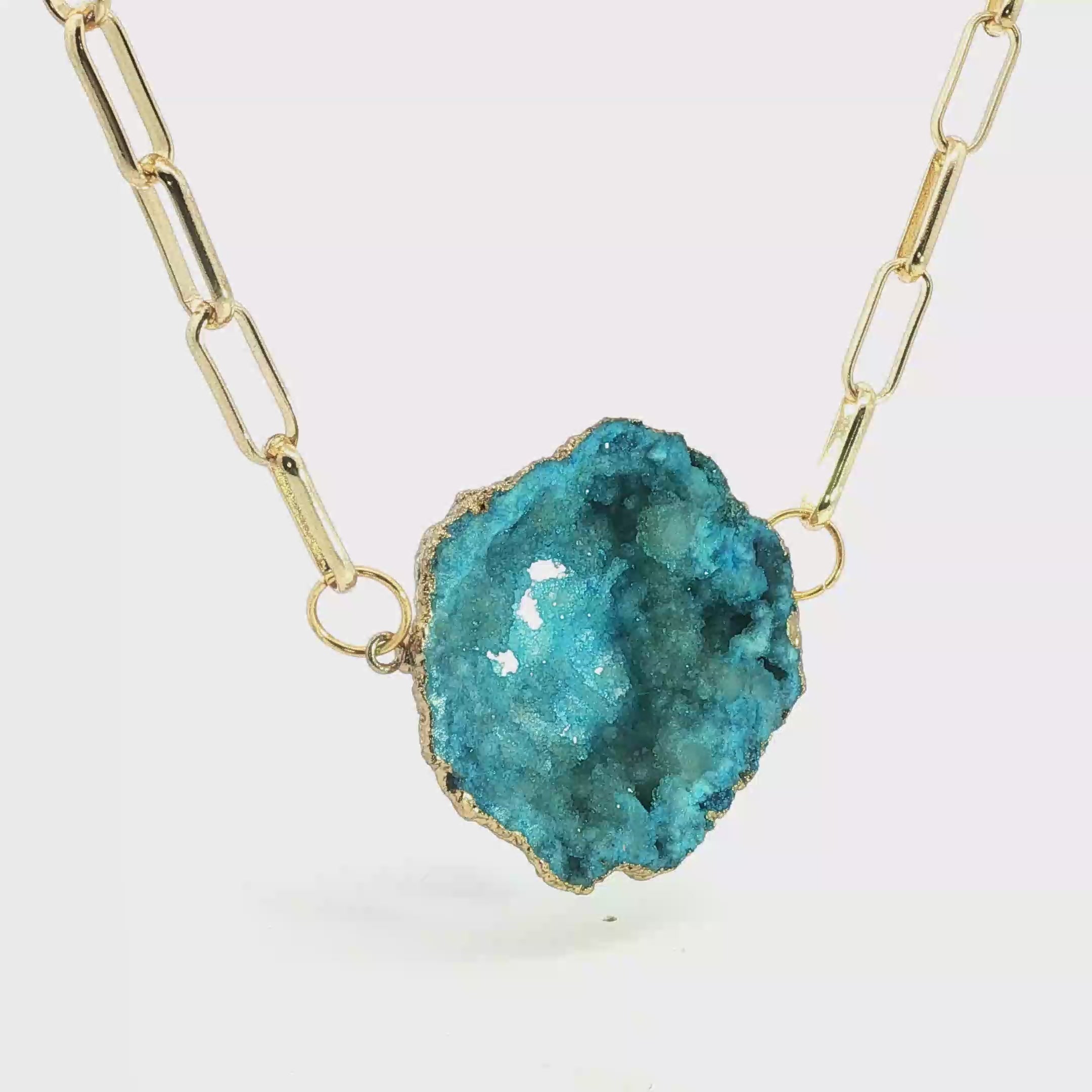 Blue Agate Geode Slice Yellow Gold Paperclip Chain Necklace