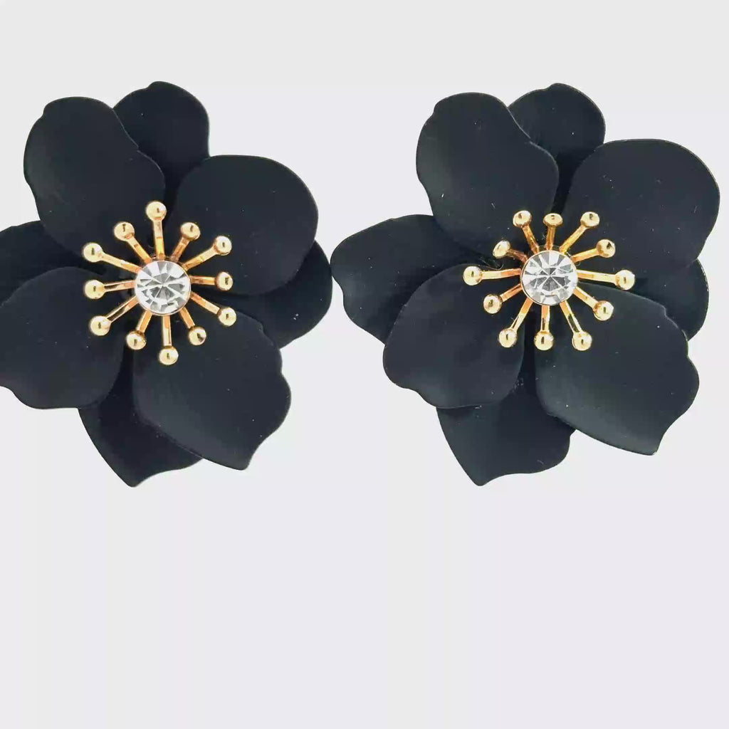 Black Floral Stud Earrings with Crystal Accents