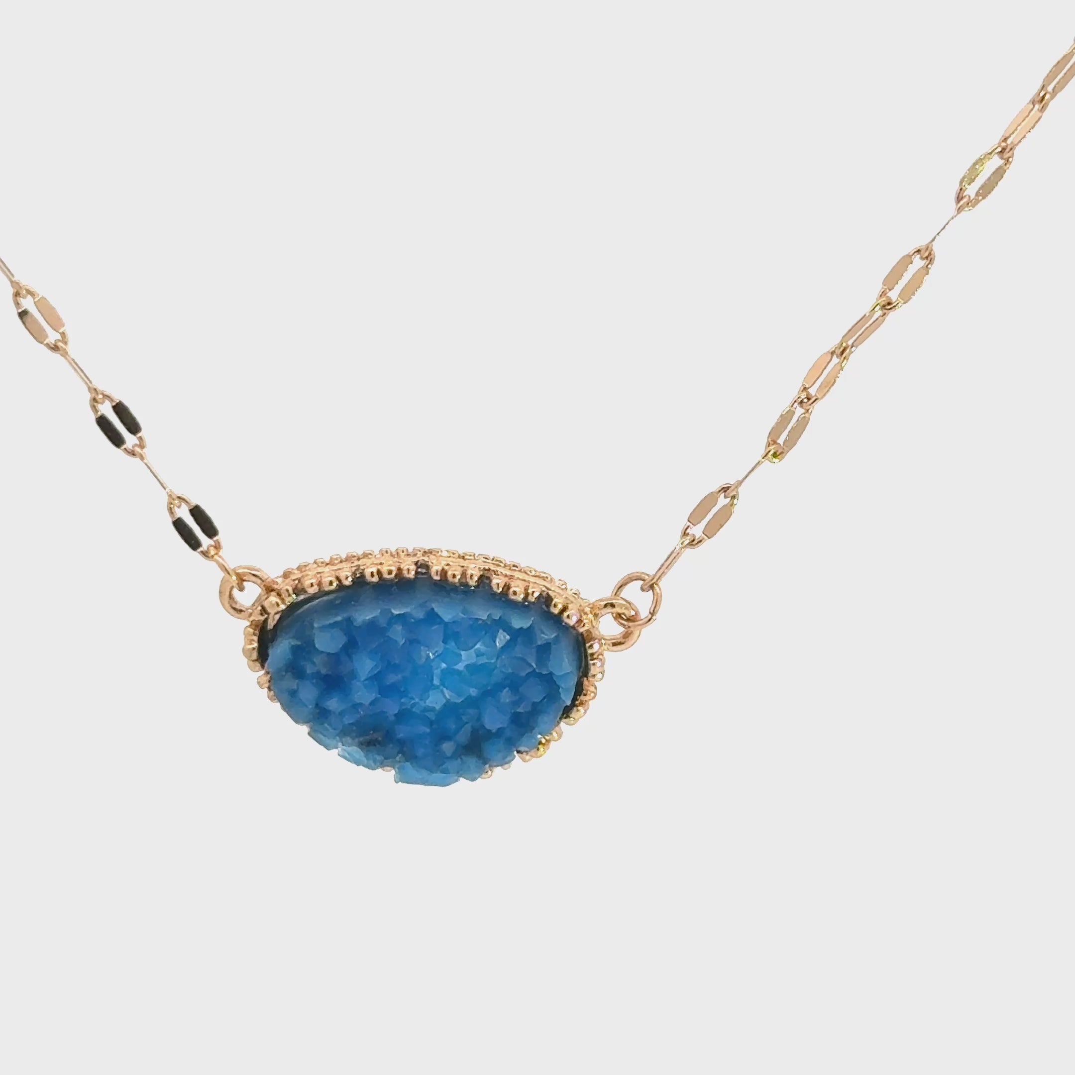 Gold Chain Necklace with Oval Blue Crystal Cabochon Pendant