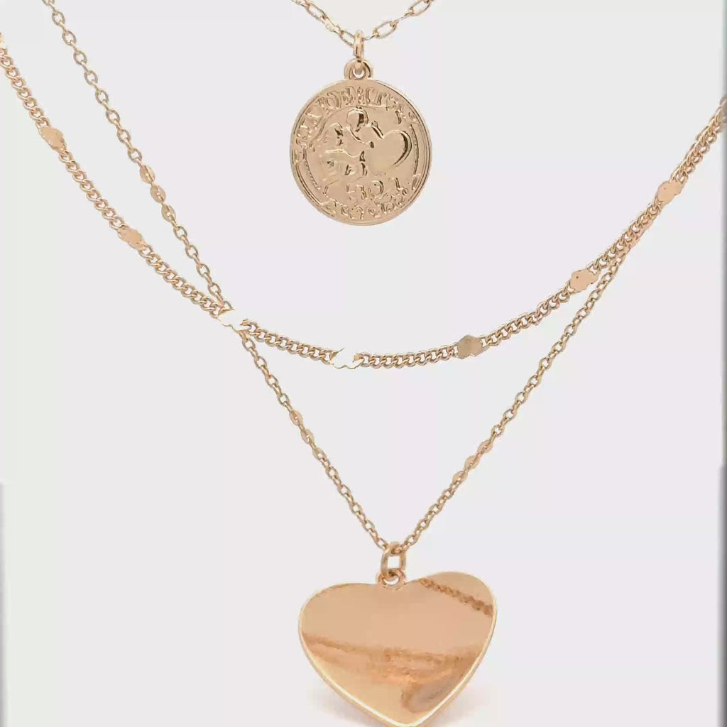 Gold Layered Necklace with Coin and Heart Pendants