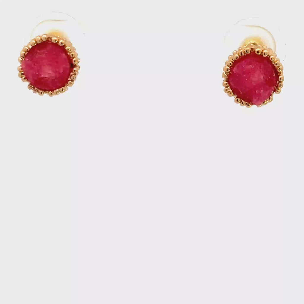 Yellow Gold Stud Earrings with Round Cabochon Ruby