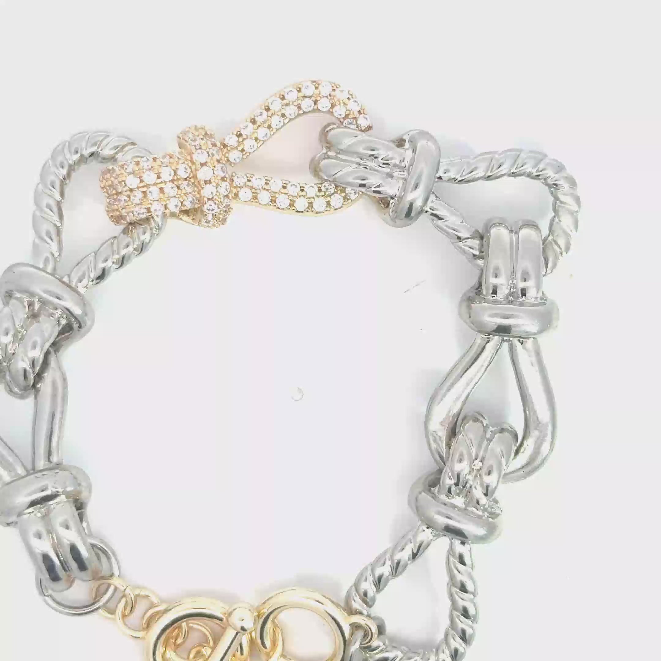 Silver Chain Bracelet with Round Cut Diamond Knot Accents in Yellow Gold