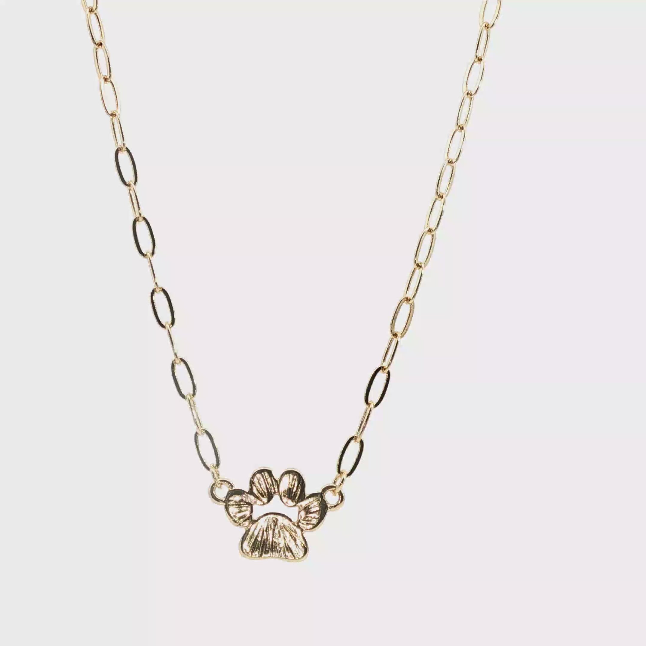 Yellow Gold Paw Print Charm Necklace on Paperclip Chain